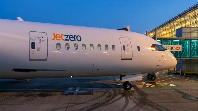 A rendered JetZero aircraft at an airport gate in blue-hour light.
