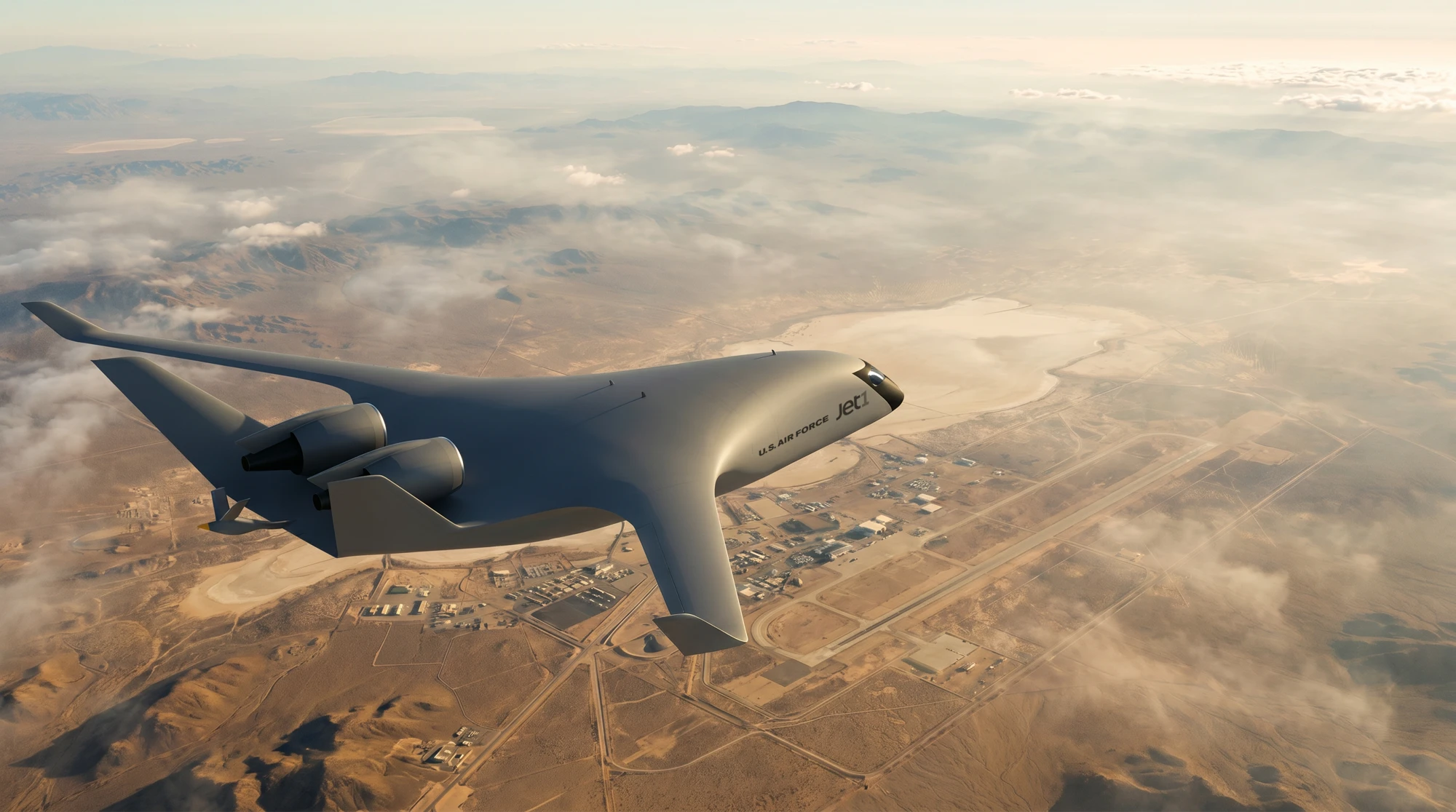 A rendering of JetZero’s Jet1 demonstrator above the Mojave desert.