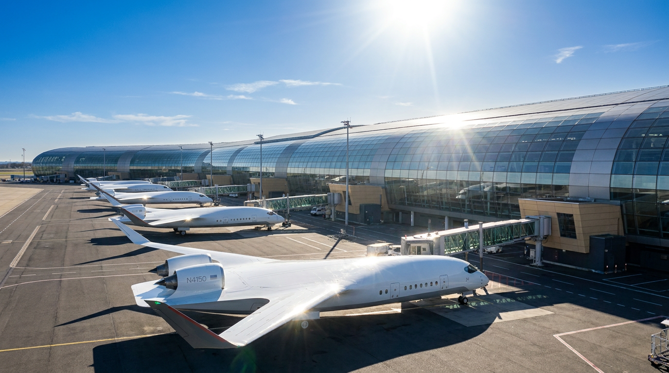 A concept rendering of unbranded blended-wing aircraft parked along an airport terminal.