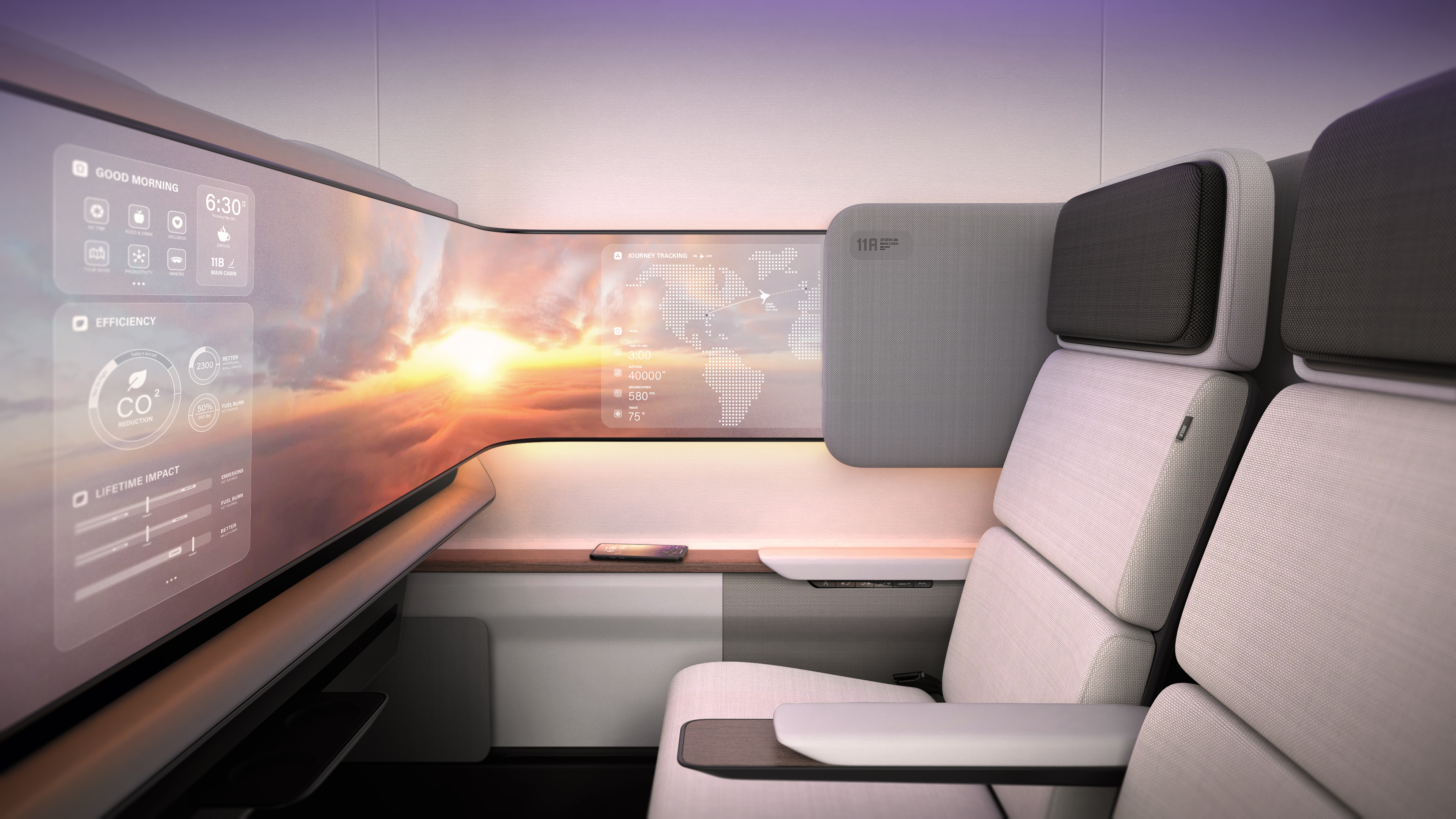 A JetZero cabin concept with two seats beside a wraparound display showing a sunset and journey information.