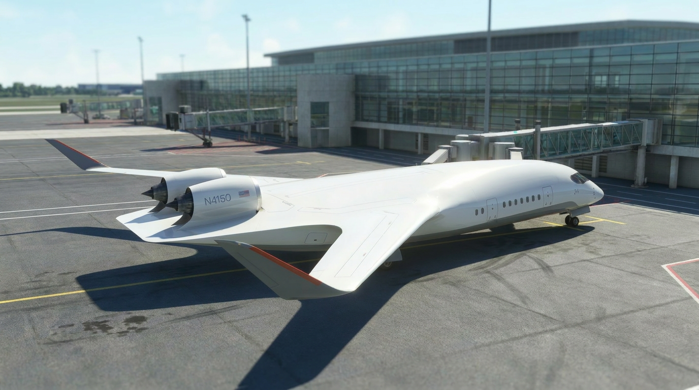 A concept rendering of an unbranded blended-wing aircraft parked beside a terminal and jet bridge.