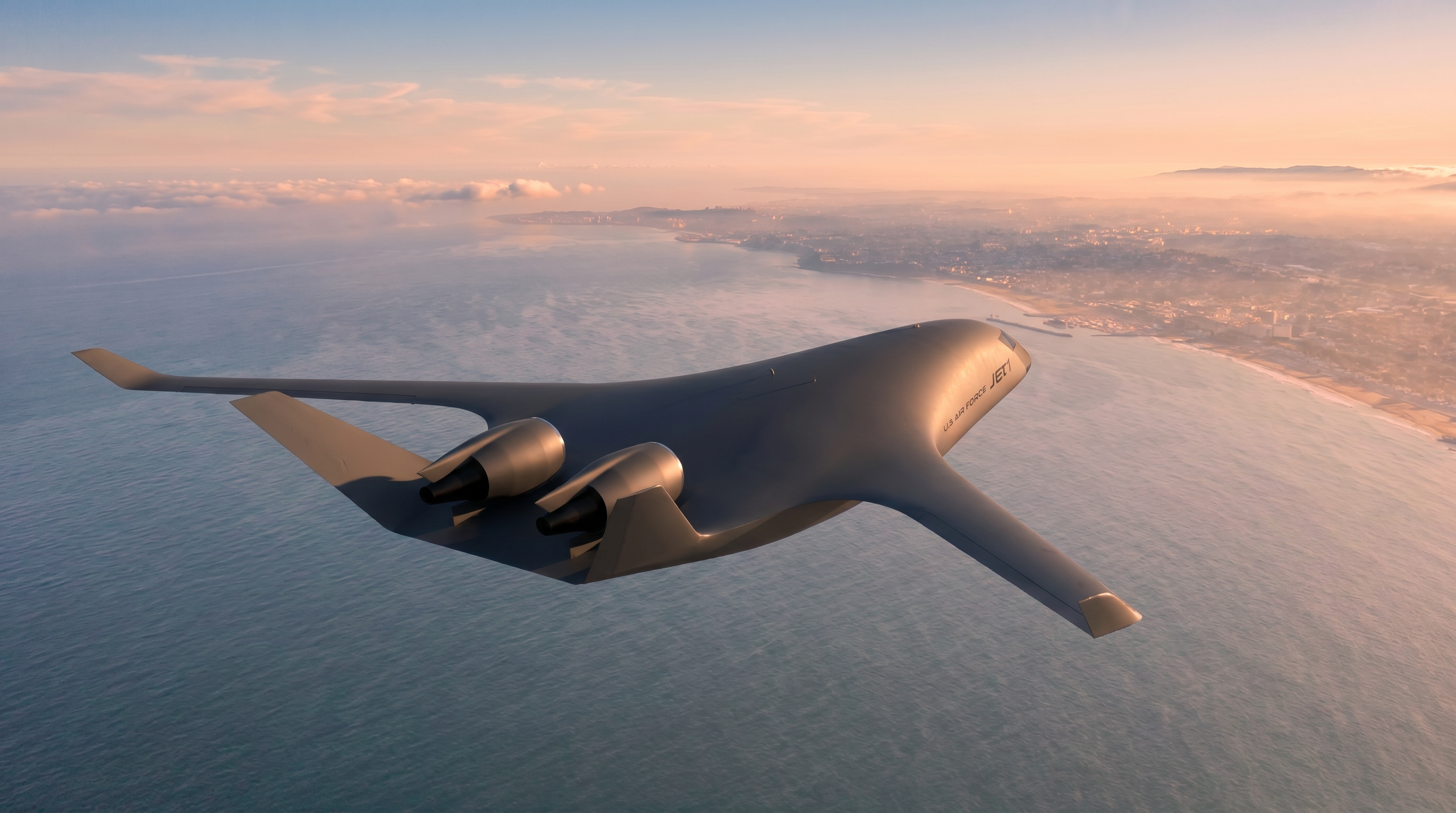 A rendering of JetZero’s Jet1 demonstrator flying above a coastline at sunset.