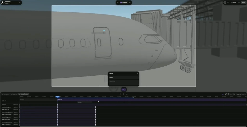 Chris’s Intangible project showing a gray 3D aircraft model, terminal, camera framing, and animation timeline.